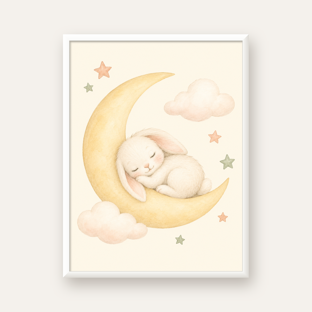 Uyuyan Tavşan ve Hilal Ay Suluboya Poster – Pastel Bebek Odası — beyaz çerçeveli dikey poster