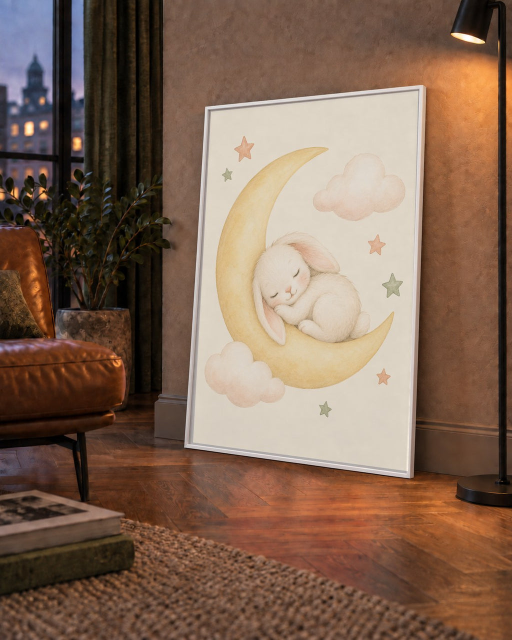 Uyuyan Tavşan ve Hilal Ay Suluboya Poster – Pastel Bebek Odası — çerçeveli hâliyle bir ev duvarında