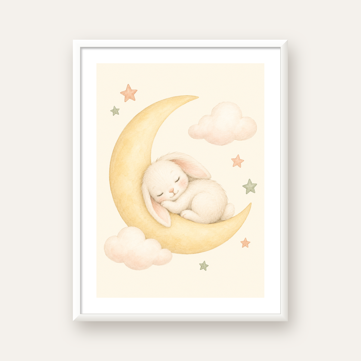 Uyuyan Tavşan ve Hilal Ay Suluboya Poster – Pastel Bebek Odası — beyaz çerçeveli dikey poster