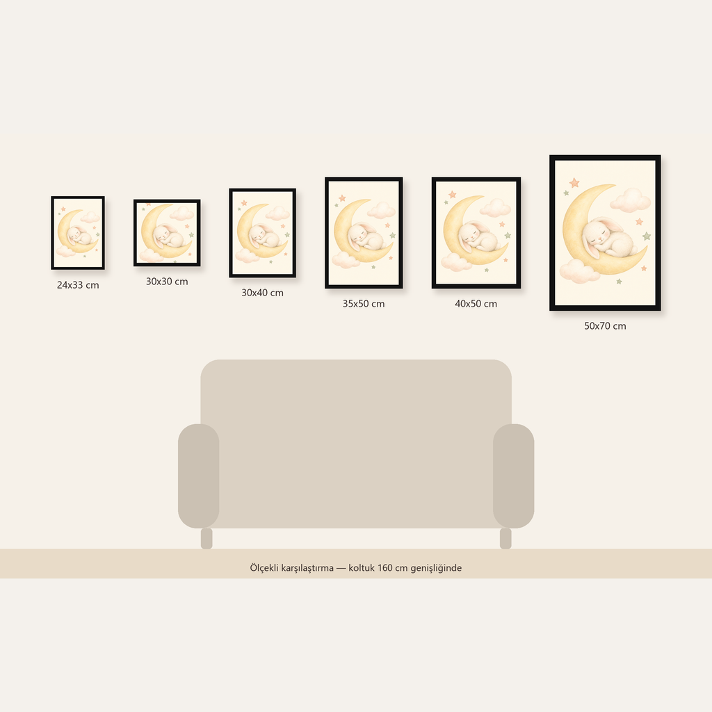 Uyuyan Tavşan ve Hilal Ay Suluboya Poster – Pastel Bebek Odası — Dikey ölçülerinin karşılaştırması