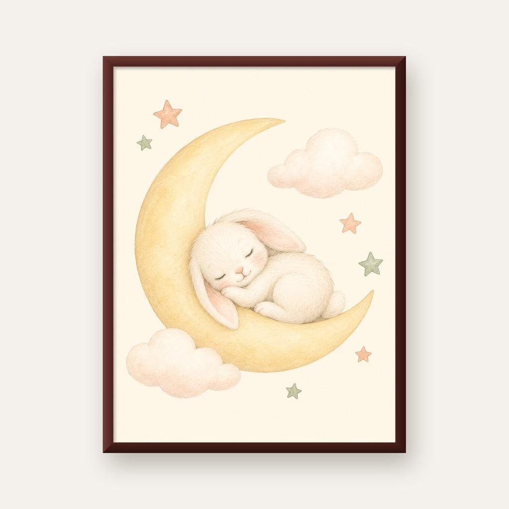 Uyuyan Tavşan ve Hilal Ay Suluboya Poster – Pastel Bebek Odası — ceviz çerçeveli