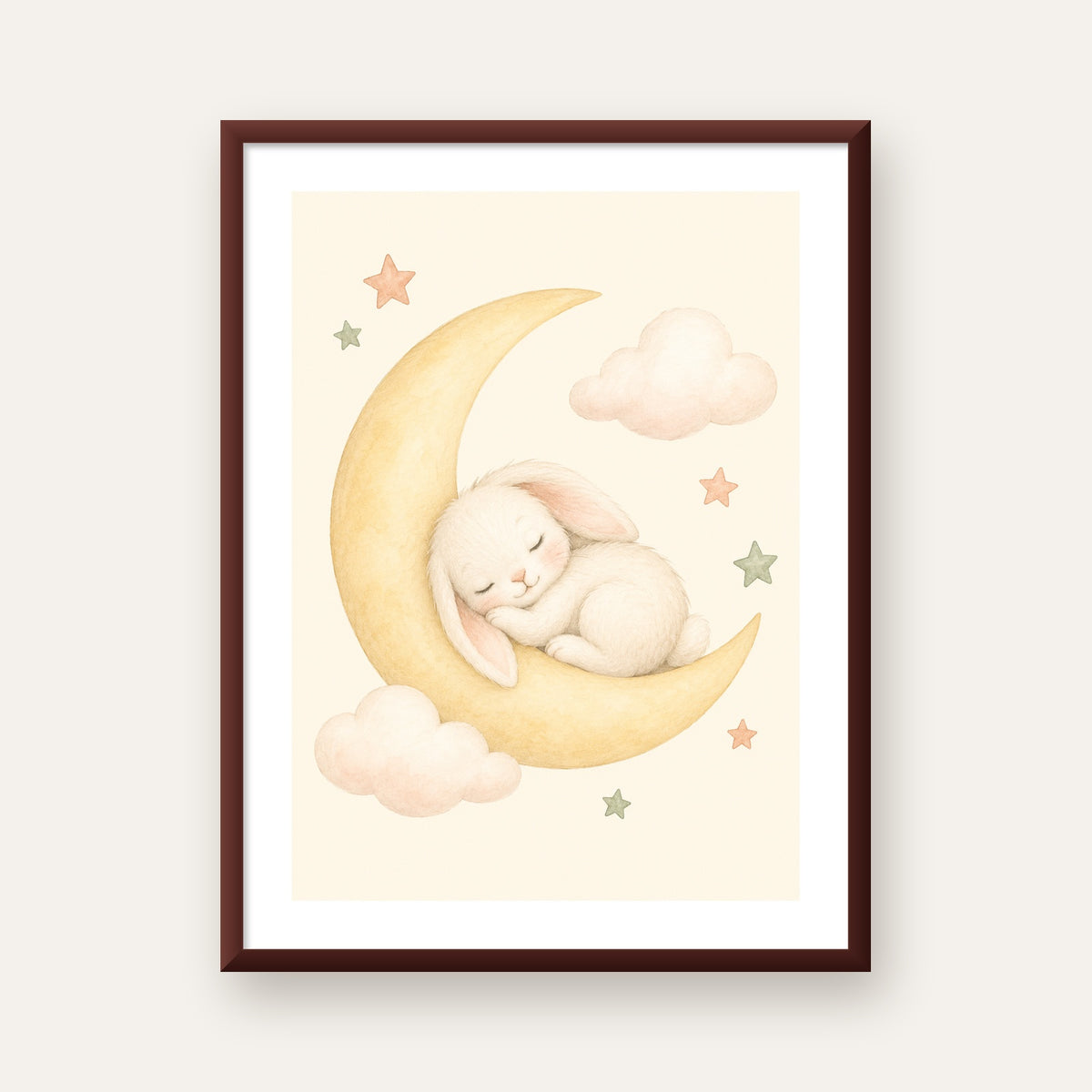 Uyuyan Tavşan ve Hilal Ay Suluboya Poster – Pastel Bebek Odası — ceviz çerçeveli paspartulu