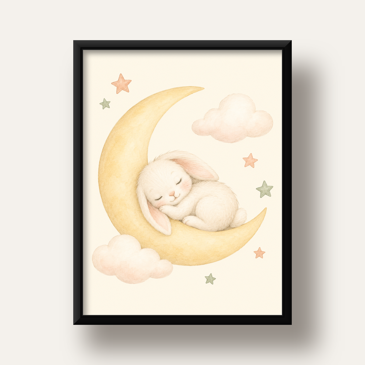 Uyuyan Tavşan ve Hilal Ay Suluboya Poster – Pastel Bebek Odası — siyah derin çerçeveli