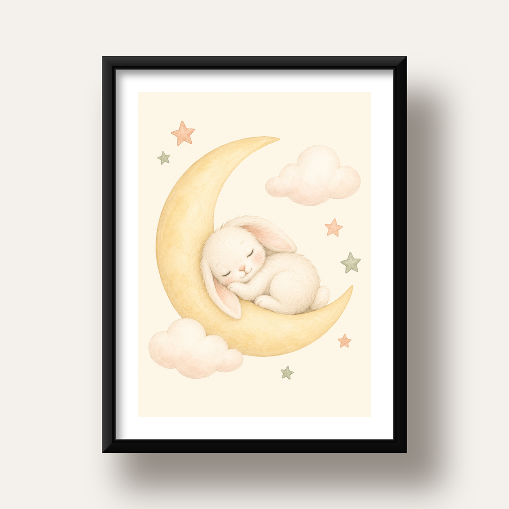 Uyuyan Tavşan ve Hilal Ay Suluboya Poster – Pastel Bebek Odası — siyah derin çerçeveli paspartulu