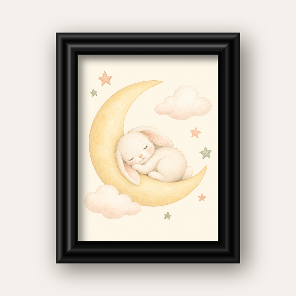 Uyuyan Tavşan ve Hilal Ay Suluboya Poster – Pastel Bebek Odası — siyah galeri çerçeveli