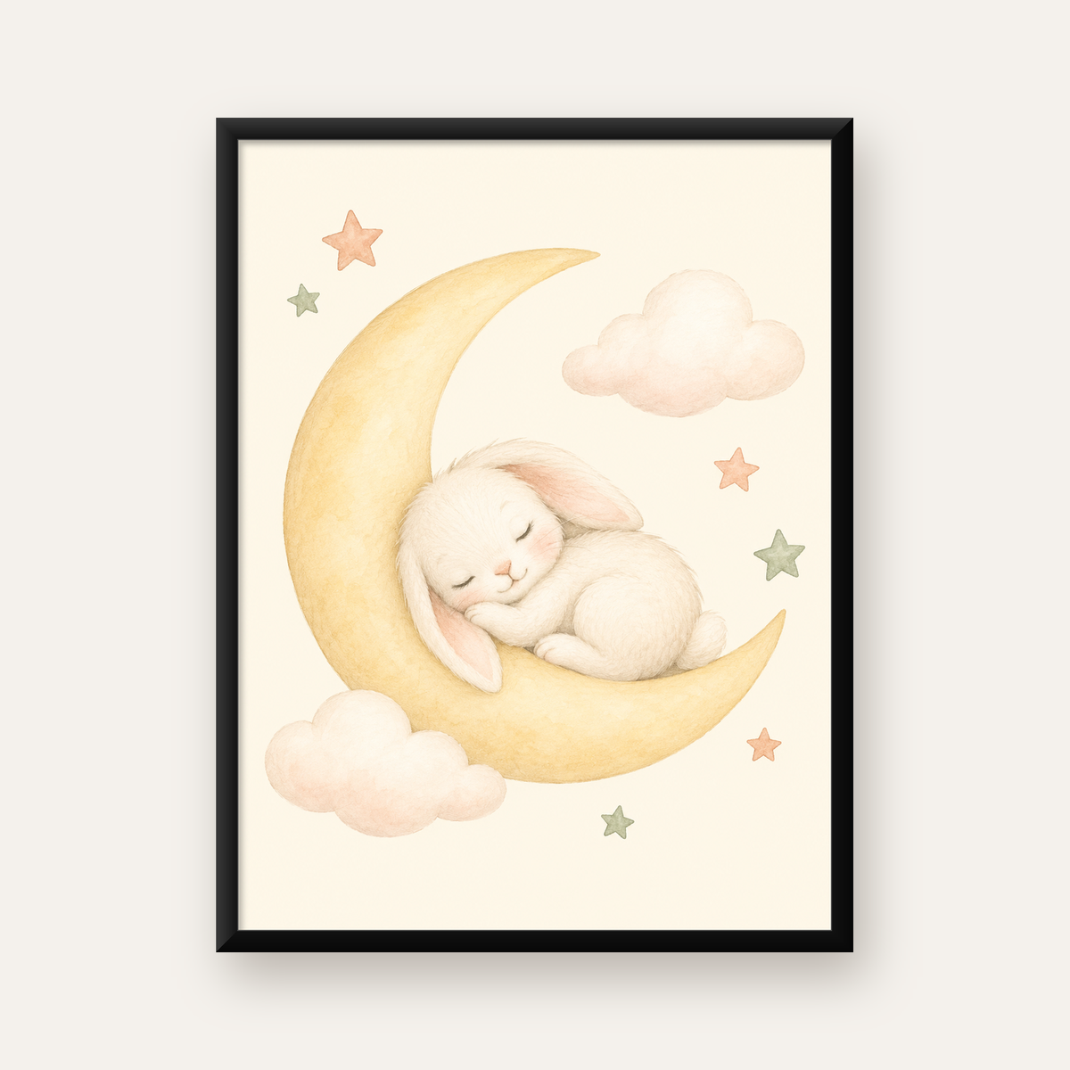 Uyuyan Tavşan ve Hilal Ay Suluboya Poster – Pastel Bebek Odası — Dikey baskı, düz siyah çerçeveli duvar posteri
