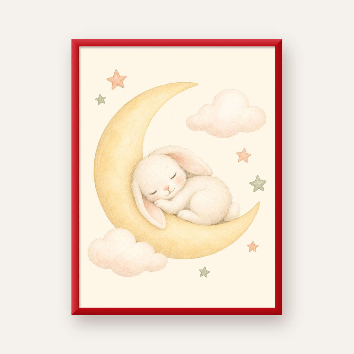 Uyuyan Tavşan ve Hilal Ay Suluboya Poster – Pastel Bebek Odası — kırmızı çerçeveli