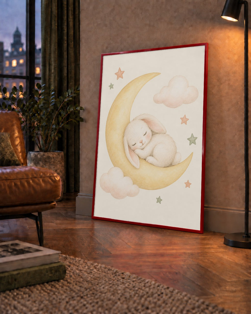 Uyuyan Tavşan ve Hilal Ay Suluboya Poster – Pastel Bebek Odası — çerçeveli hâliyle bir ev duvarında