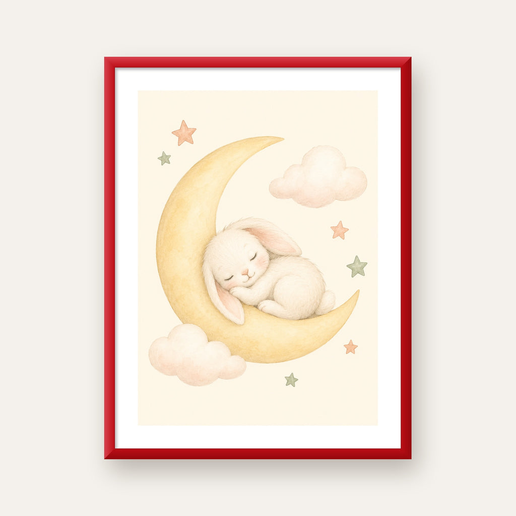 Uyuyan Tavşan ve Hilal Ay Suluboya Poster – Pastel Bebek Odası — kırmızı çerçeveli paspartulu