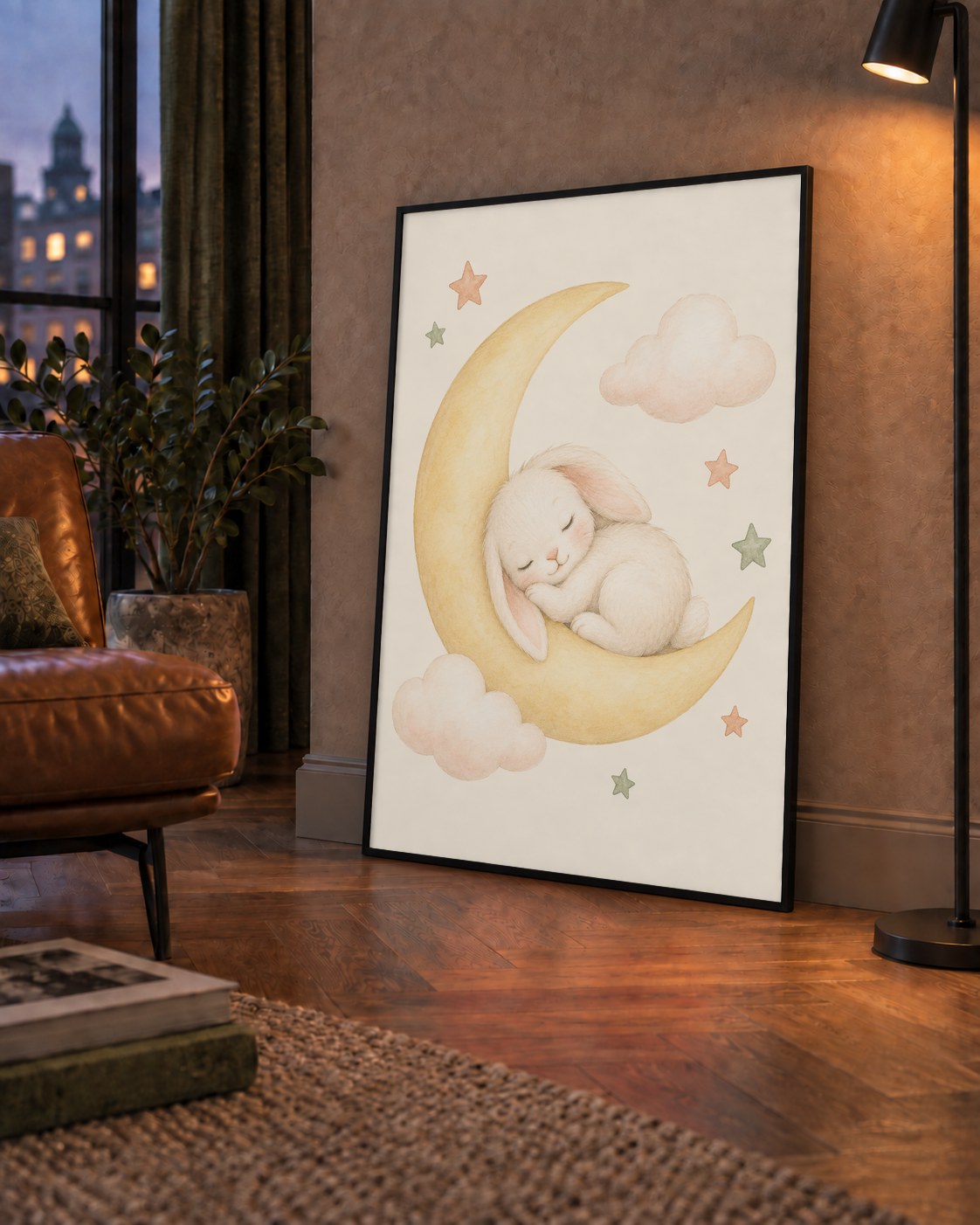 Uyuyan Tavşan ve Hilal Ay Suluboya Poster – Pastel Bebek Odası — çerçeveli hâliyle bir ev duvarında