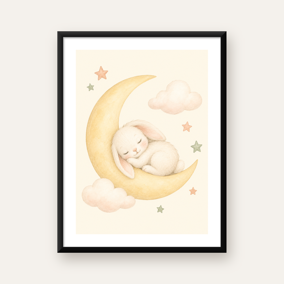 Uyuyan Tavşan ve Hilal Ay Suluboya Poster – Pastel Bebek Odası — Dikey baskı, beyaz paspartulu