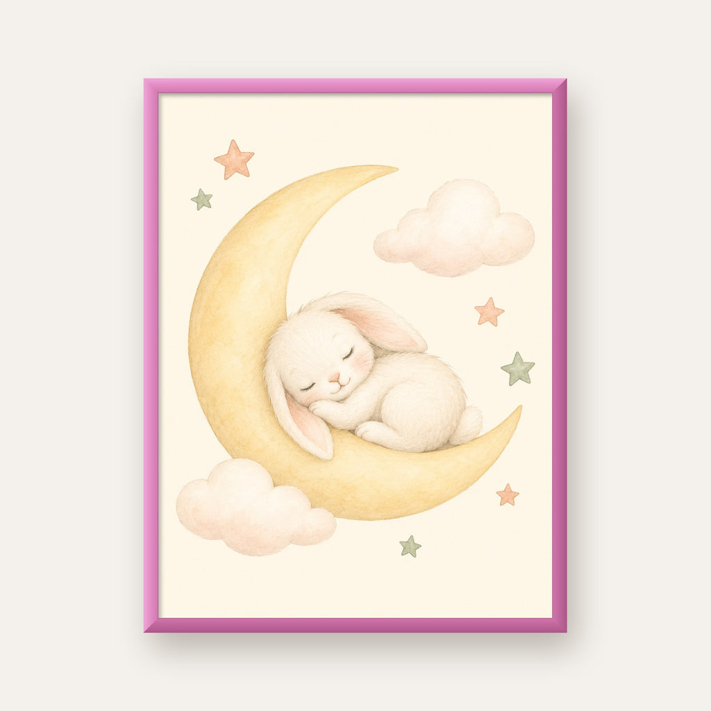 Uyuyan Tavşan ve Hilal Ay Suluboya Poster – Pastel Bebek Odası — pembe çerçeveli