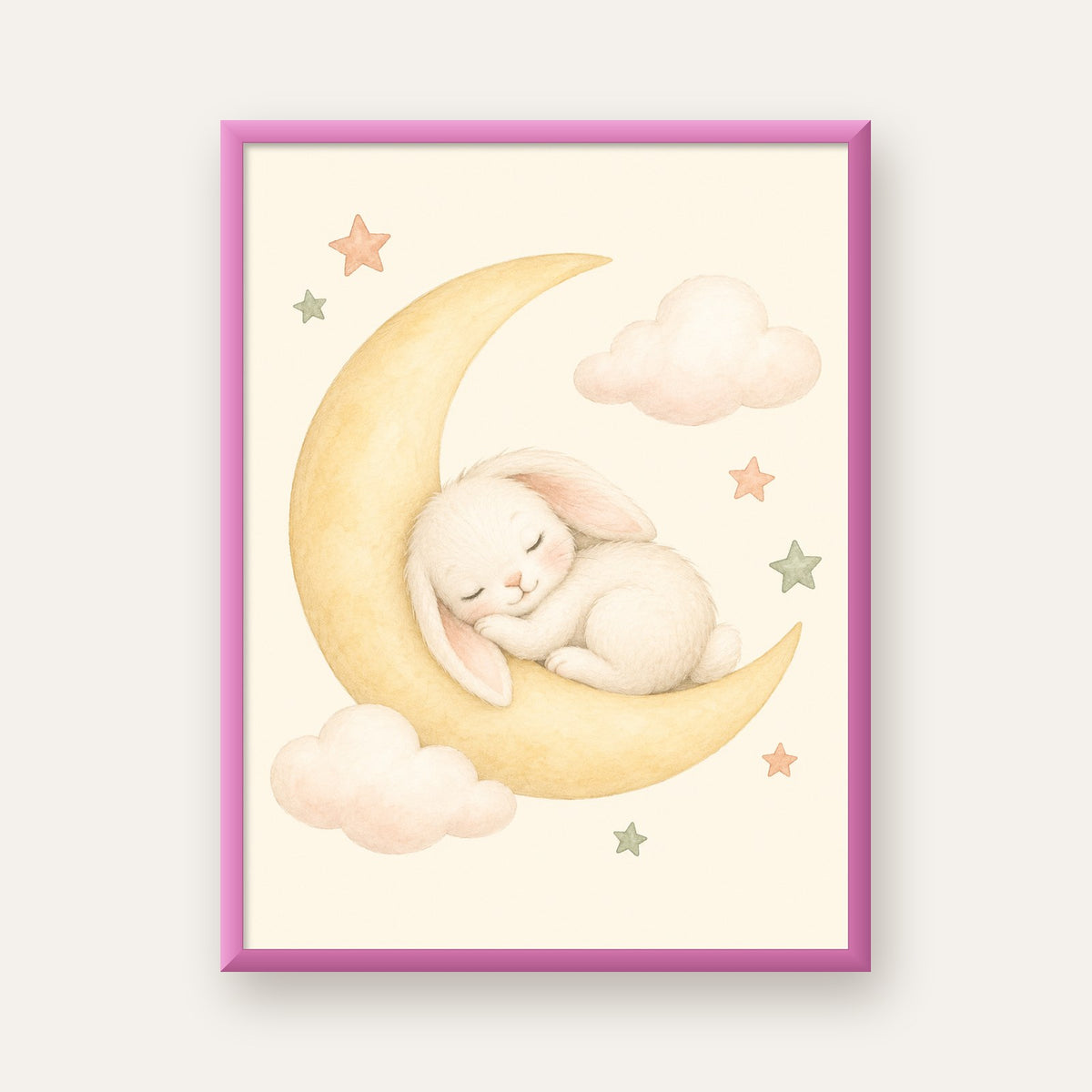 Uyuyan Tavşan ve Hilal Ay Suluboya Poster – Pastel Bebek Odası — pembe çerçeveli