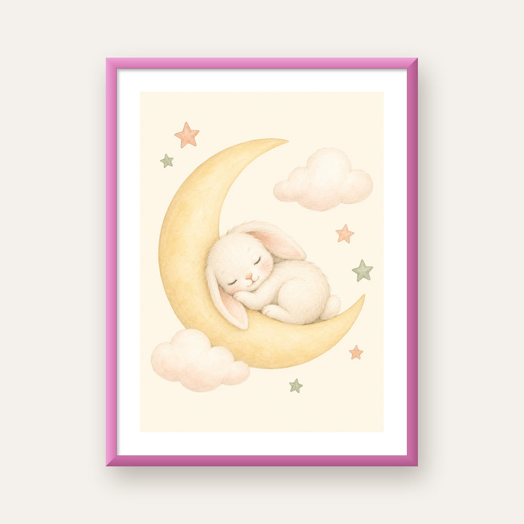 Uyuyan Tavşan ve Hilal Ay Suluboya Poster – Pastel Bebek Odası — pembe çerçeveli paspartulu