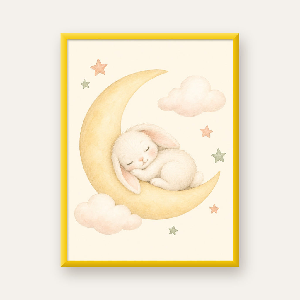 Uyuyan Tavşan ve Hilal Ay Suluboya Poster – Pastel Bebek Odası — sarı çerçeveli