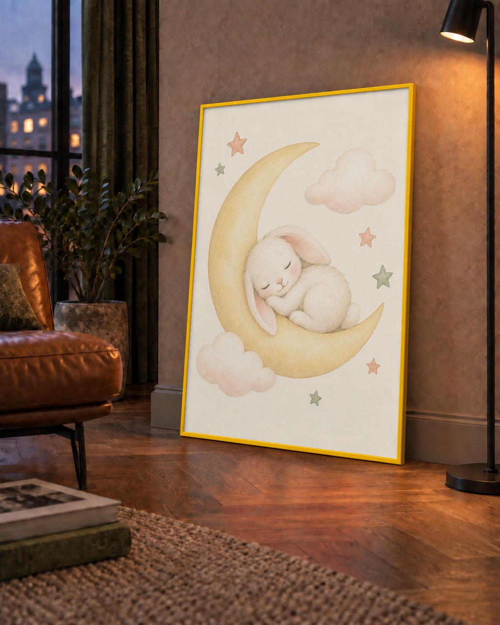 Uyuyan Tavşan ve Hilal Ay Suluboya Poster – Pastel Bebek Odası — çerçeveli hâliyle bir ev duvarında