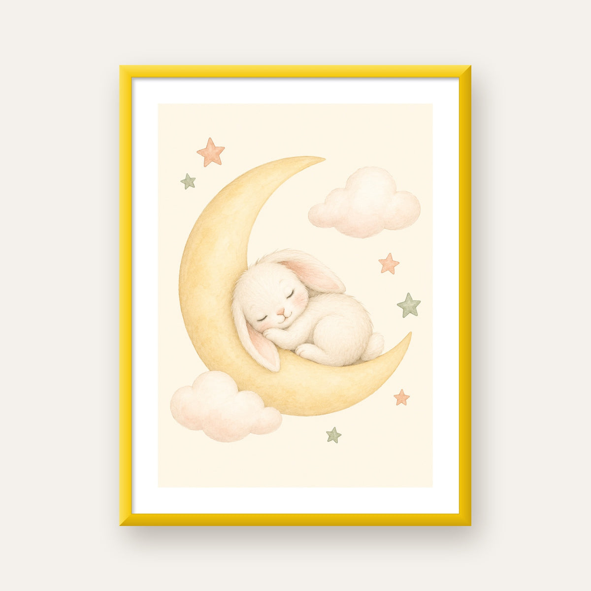 Uyuyan Tavşan ve Hilal Ay Suluboya Poster – Pastel Bebek Odası — sarı çerçeveli paspartulu