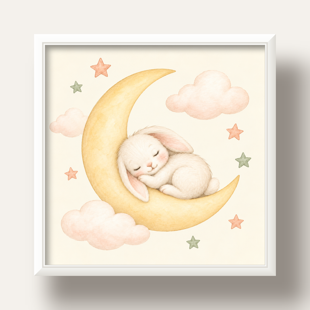 Uyuyan Tavşan ve Hilal Ay Suluboya Poster – Pastel Bebek Odası — beyaz derin çerçeveli