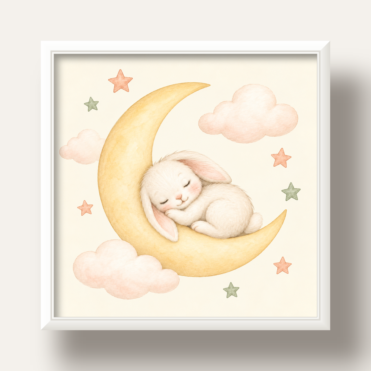 Uyuyan Tavşan ve Hilal Ay Suluboya Poster – Pastel Bebek Odası — beyaz derin çerçeveli