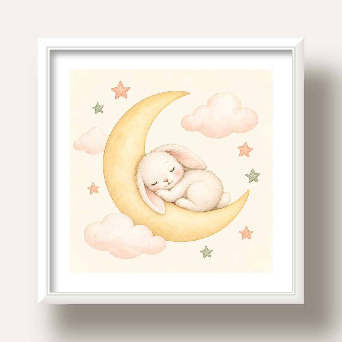 Uyuyan Tavşan ve Hilal Ay Suluboya Poster – Pastel Bebek Odası — beyaz derin çerçeveli paspartulu