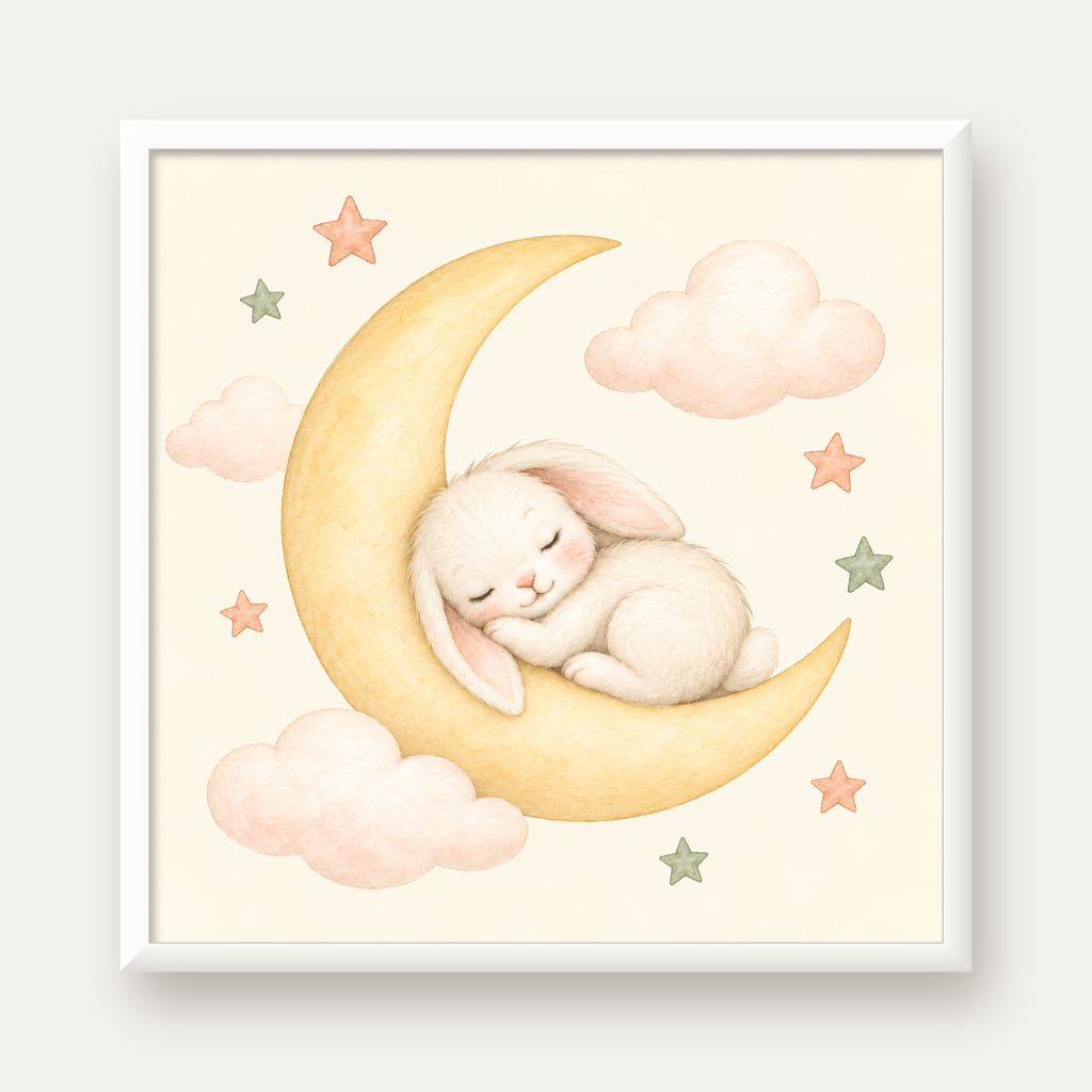 Uyuyan Tavşan ve Hilal Ay Suluboya Poster – Pastel Bebek Odası — beyaz çerçeveli kare poster