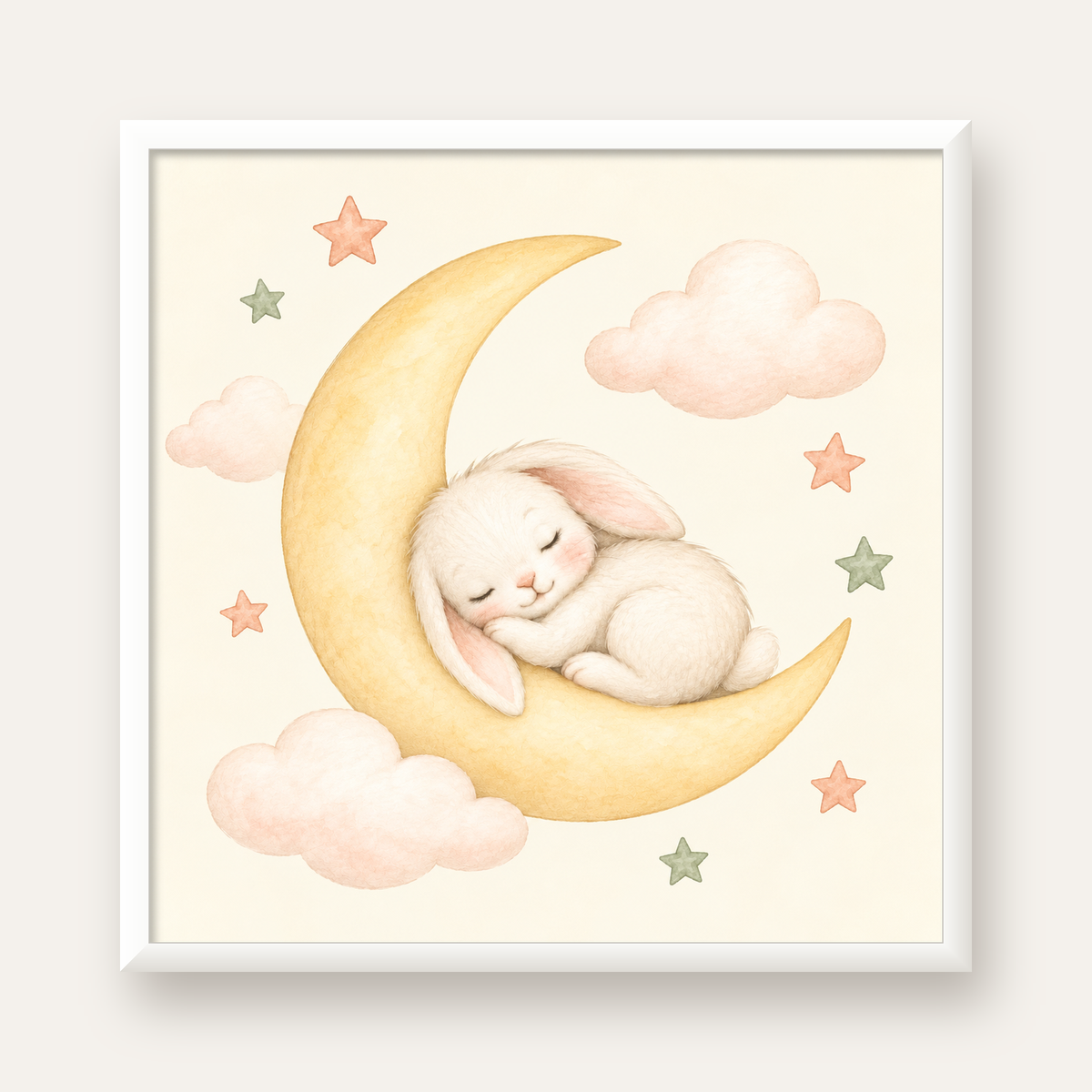Uyuyan Tavşan ve Hilal Ay Suluboya Poster – Pastel Bebek Odası — beyaz çerçeveli kare poster