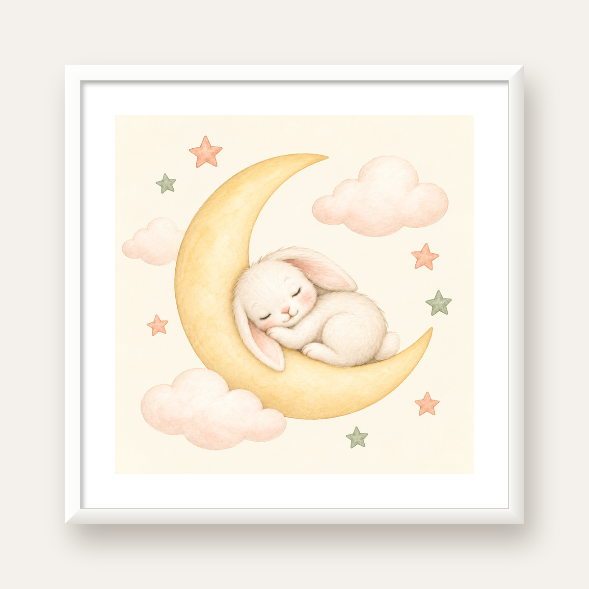 Uyuyan Tavşan ve Hilal Ay Suluboya Poster – Pastel Bebek Odası — beyaz çerçeveli kare poster