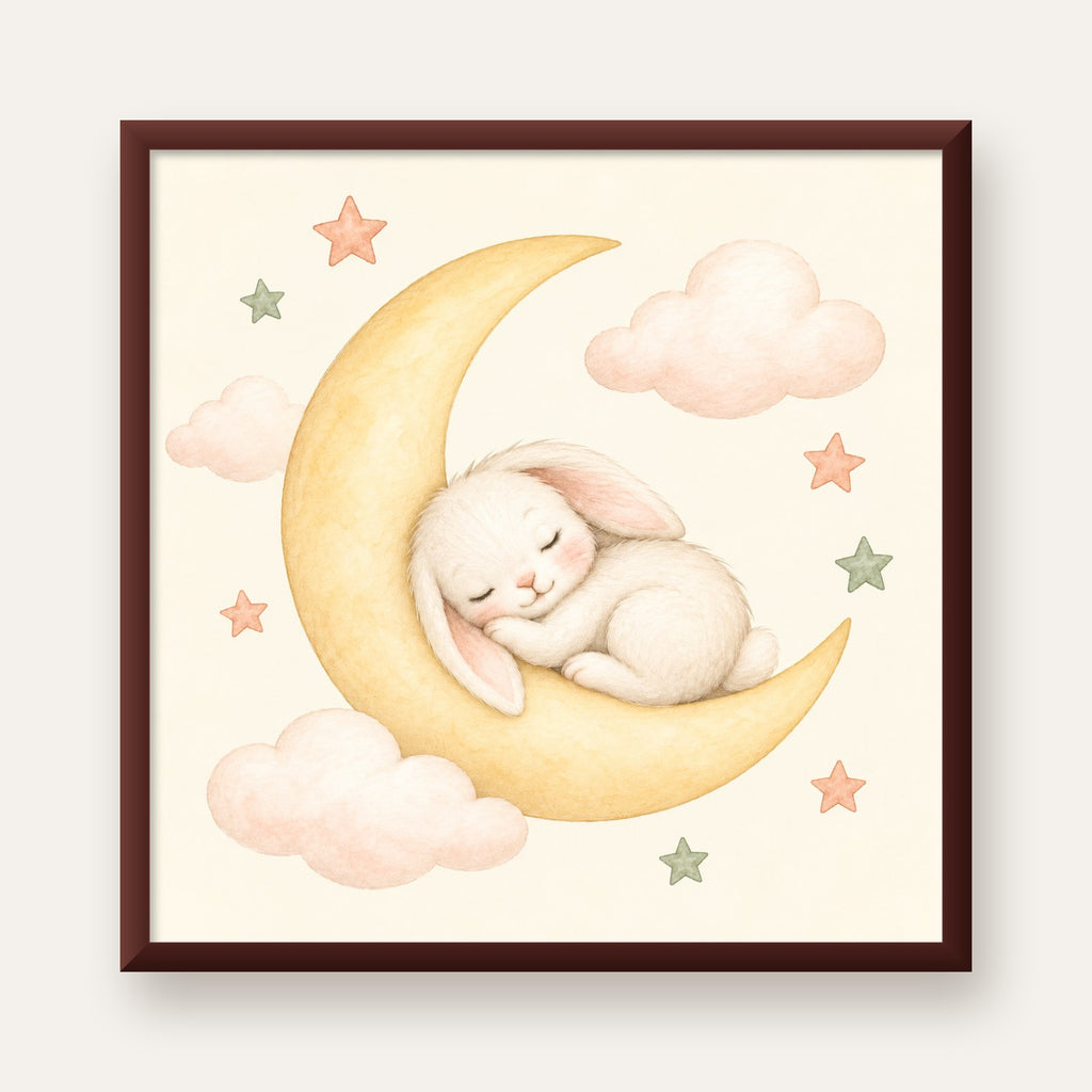 Uyuyan Tavşan ve Hilal Ay Suluboya Poster – Pastel Bebek Odası — ceviz çerçeveli