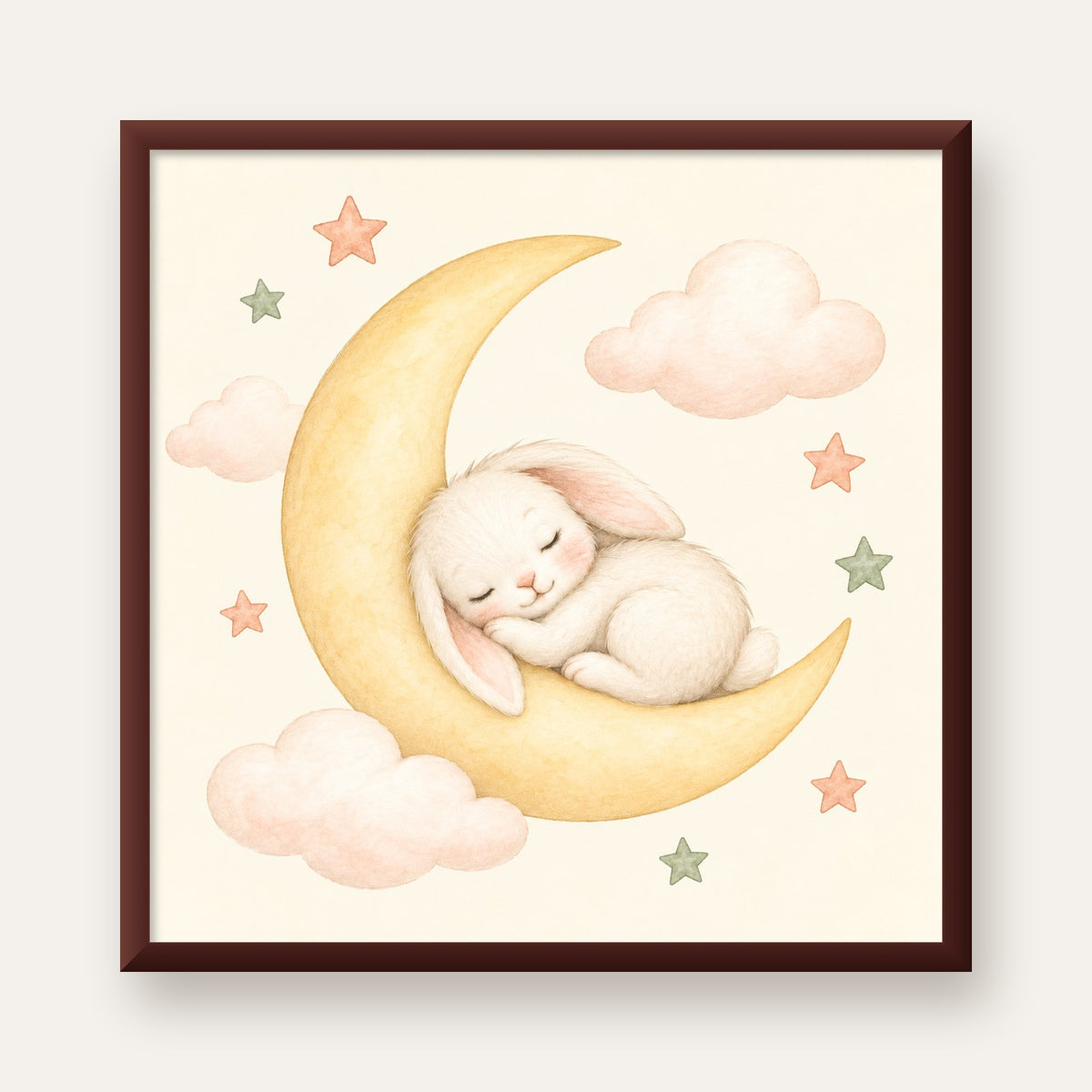 Uyuyan Tavşan ve Hilal Ay Suluboya Poster – Pastel Bebek Odası — ceviz çerçeveli