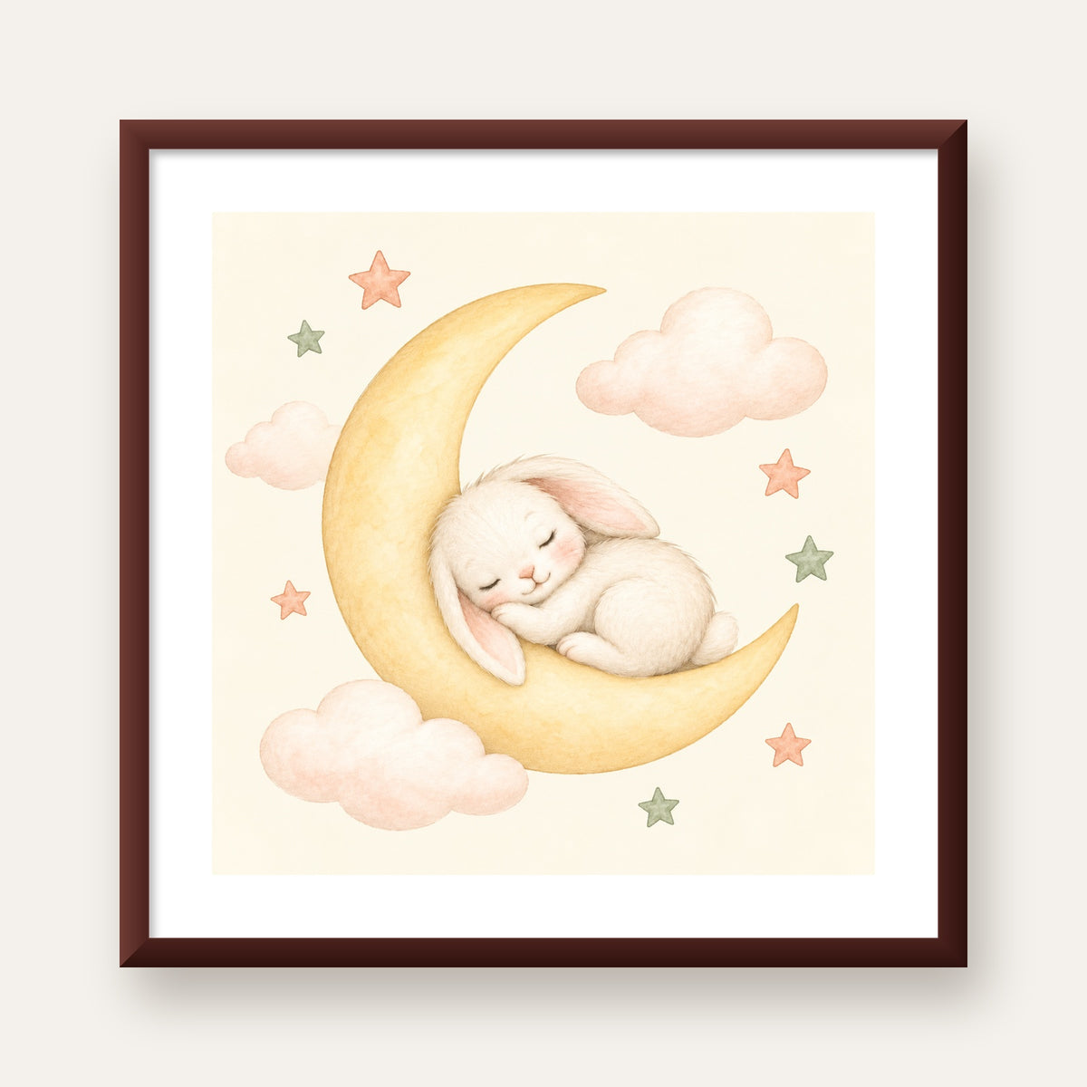Uyuyan Tavşan ve Hilal Ay Suluboya Poster – Pastel Bebek Odası — ceviz çerçeveli paspartulu