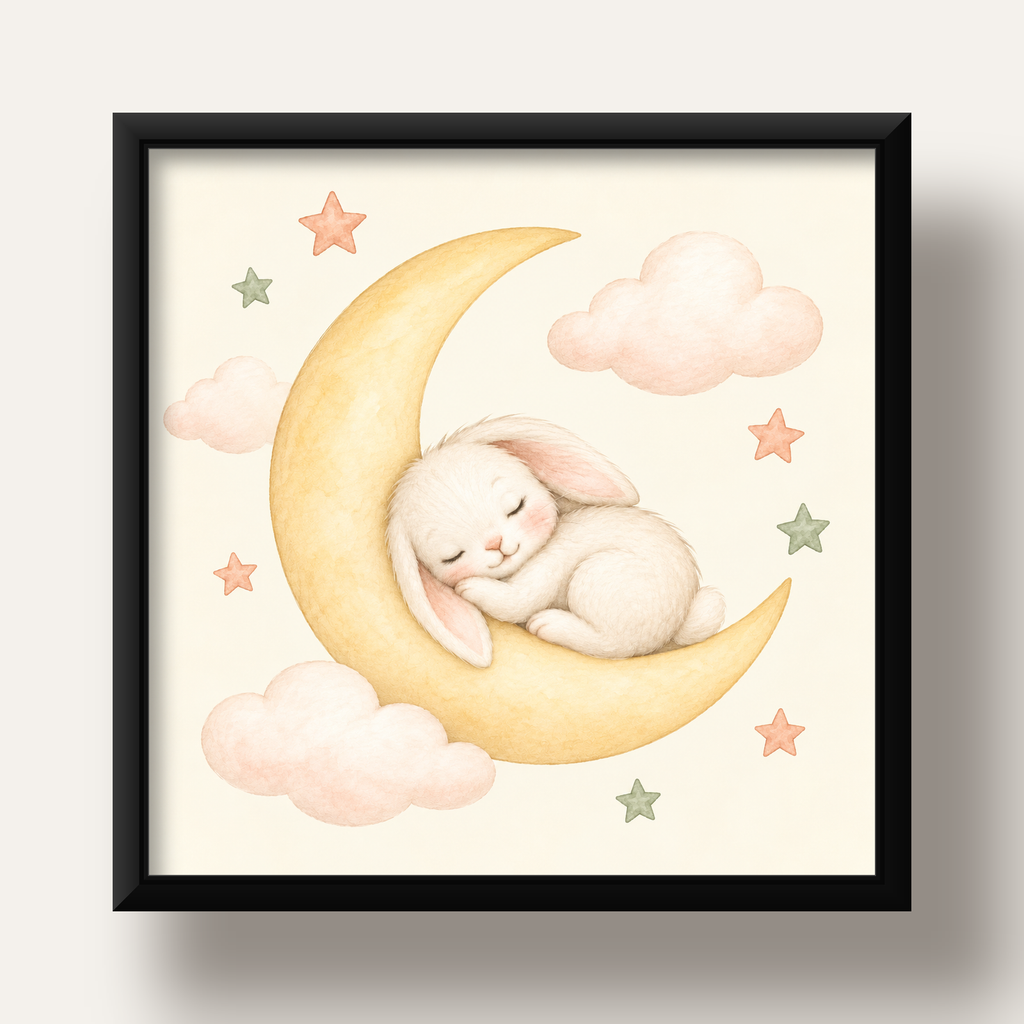 Uyuyan Tavşan ve Hilal Ay Suluboya Poster – Pastel Bebek Odası — siyah derin çerçeveli