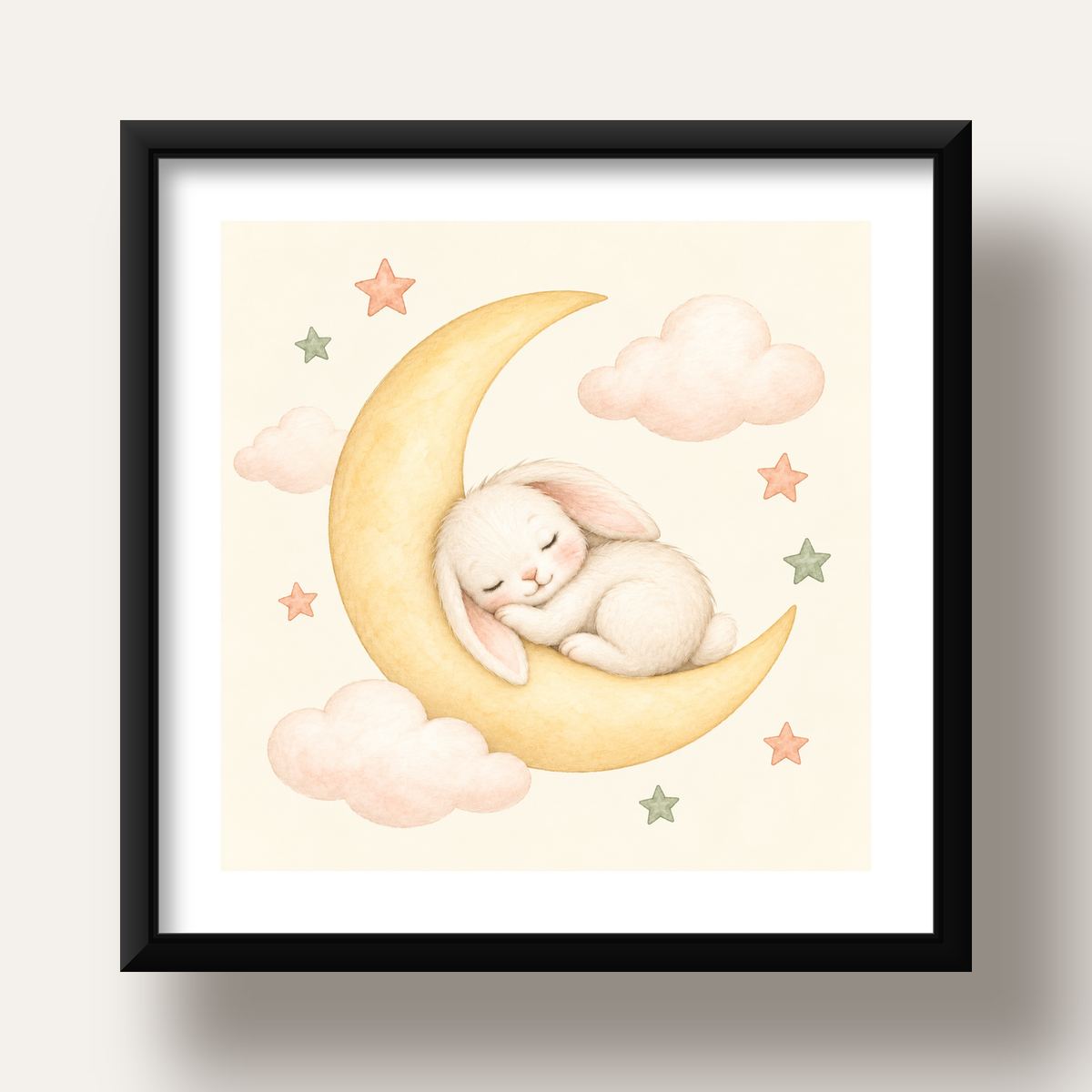 Uyuyan Tavşan ve Hilal Ay Suluboya Poster – Pastel Bebek Odası — siyah derin çerçeveli paspartulu
