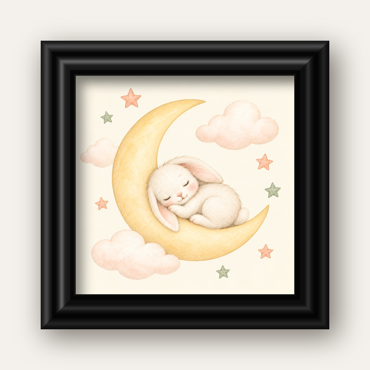 Uyuyan Tavşan ve Hilal Ay Suluboya Poster – Pastel Bebek Odası — siyah galeri çerçeveli