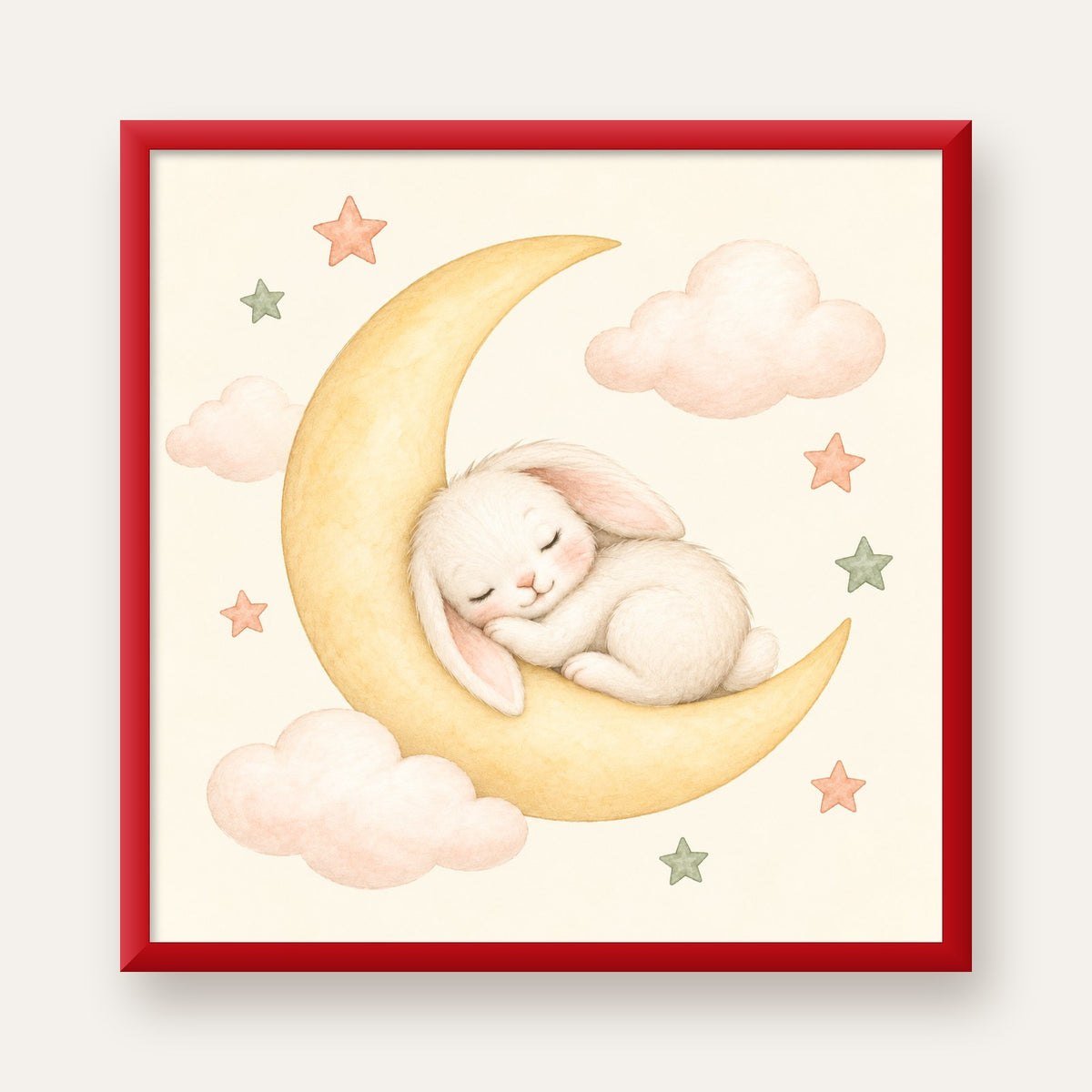 Uyuyan Tavşan ve Hilal Ay Suluboya Poster – Pastel Bebek Odası — kırmızı çerçeveli