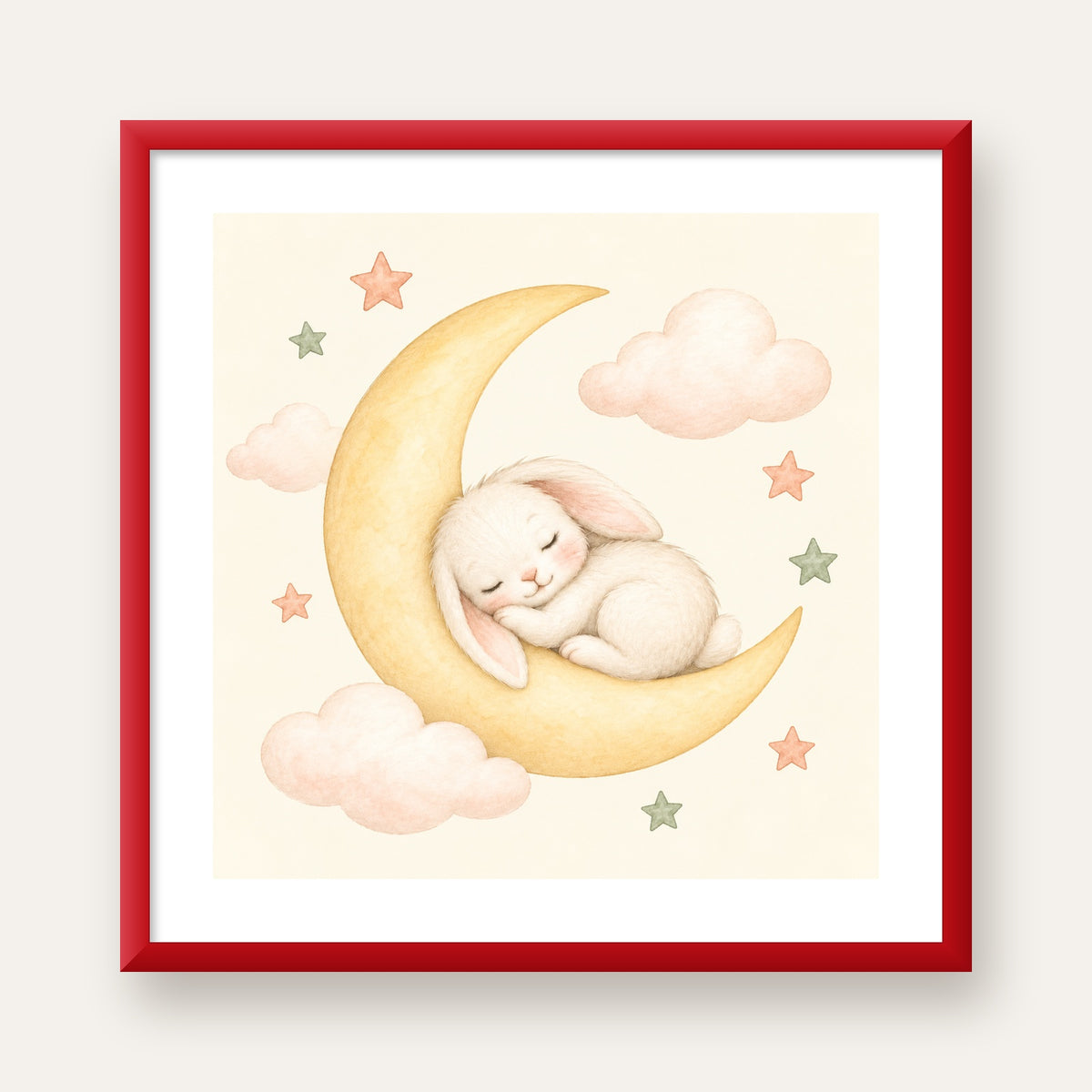 Uyuyan Tavşan ve Hilal Ay Suluboya Poster – Pastel Bebek Odası — kırmızı çerçeveli paspartulu