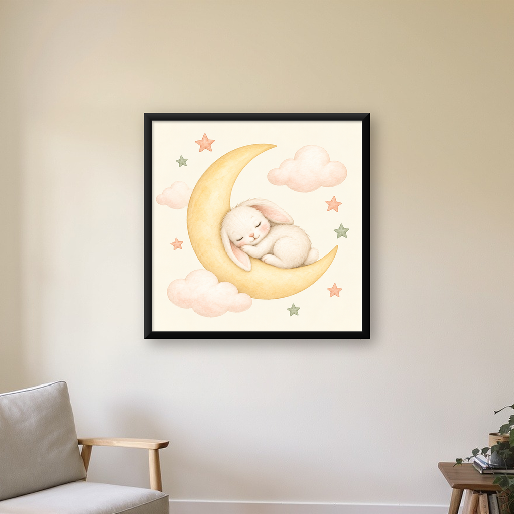 Uyuyan Tavşan ve Hilal Ay Suluboya Poster – Pastel Bebek Odası — Kare baskı, çerçeveli hâliyle bir ev duvarında