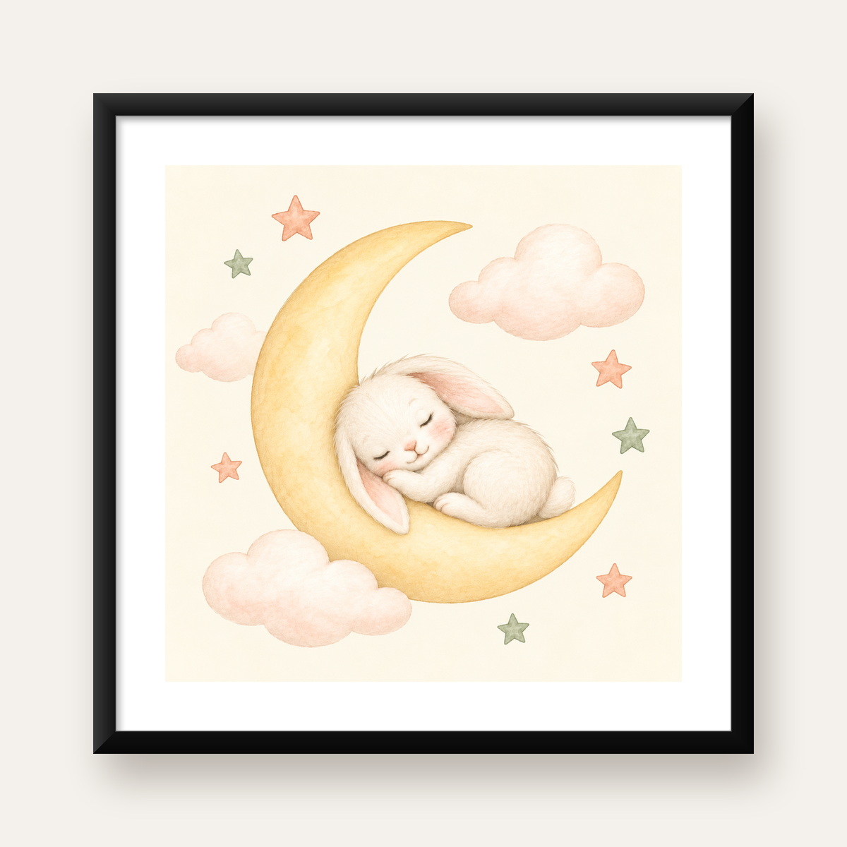 Uyuyan Tavşan ve Hilal Ay Suluboya Poster – Pastel Bebek Odası — Kare baskı, beyaz paspartulu