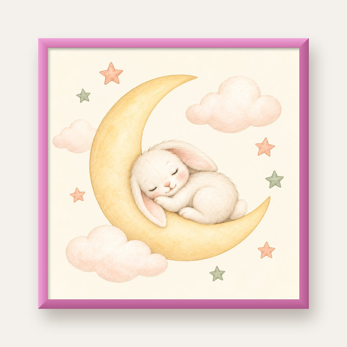 Uyuyan Tavşan ve Hilal Ay Suluboya Poster – Pastel Bebek Odası — pembe çerçeveli