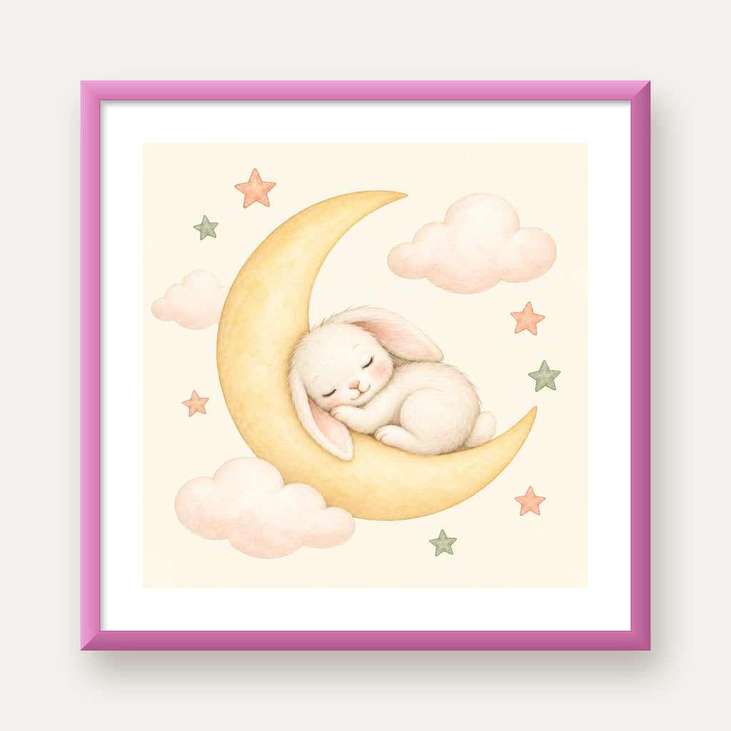 Uyuyan Tavşan ve Hilal Ay Suluboya Poster – Pastel Bebek Odası — pembe çerçeveli paspartulu