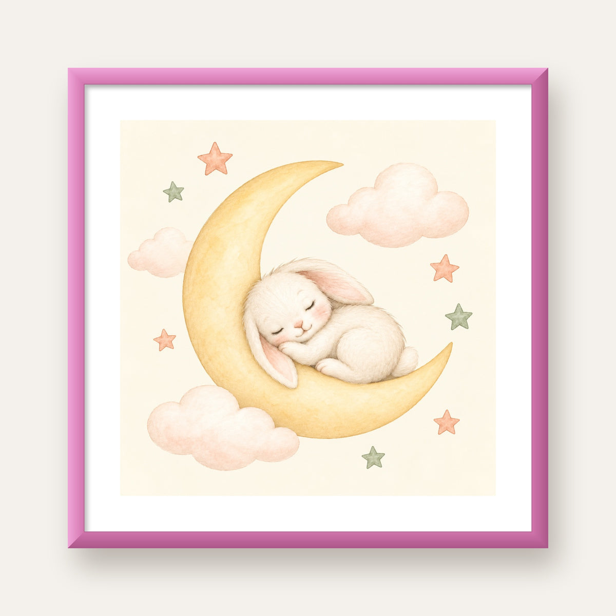 Uyuyan Tavşan ve Hilal Ay Suluboya Poster – Pastel Bebek Odası — pembe çerçeveli paspartulu