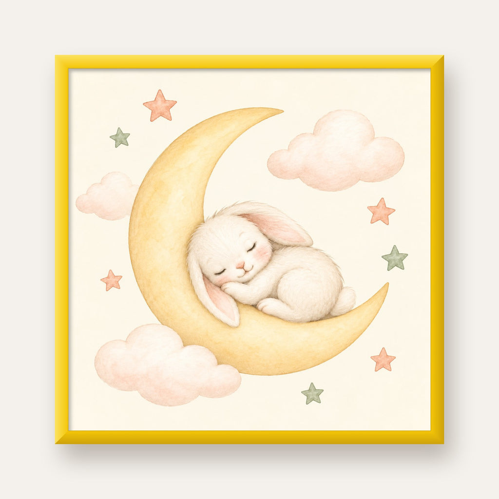 Uyuyan Tavşan ve Hilal Ay Suluboya Poster – Pastel Bebek Odası — sarı çerçeveli