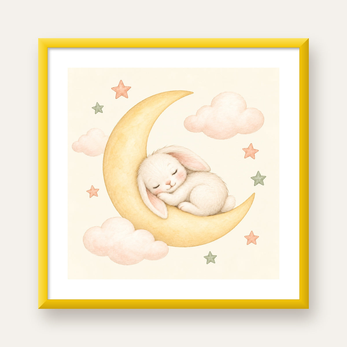 Uyuyan Tavşan ve Hilal Ay Suluboya Poster – Pastel Bebek Odası — sarı çerçeveli paspartulu