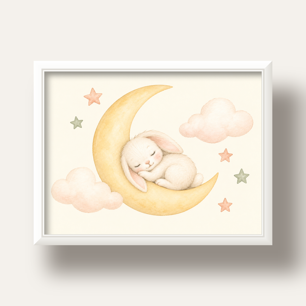 Uyuyan Tavşan ve Hilal Ay Suluboya Poster – Pastel Bebek Odası — beyaz derin çerçeveli
