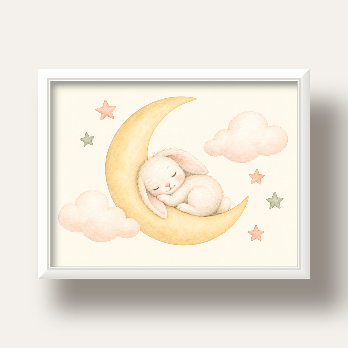 Uyuyan Tavşan ve Hilal Ay Suluboya Poster – Pastel Bebek Odası — beyaz derin çerçeveli