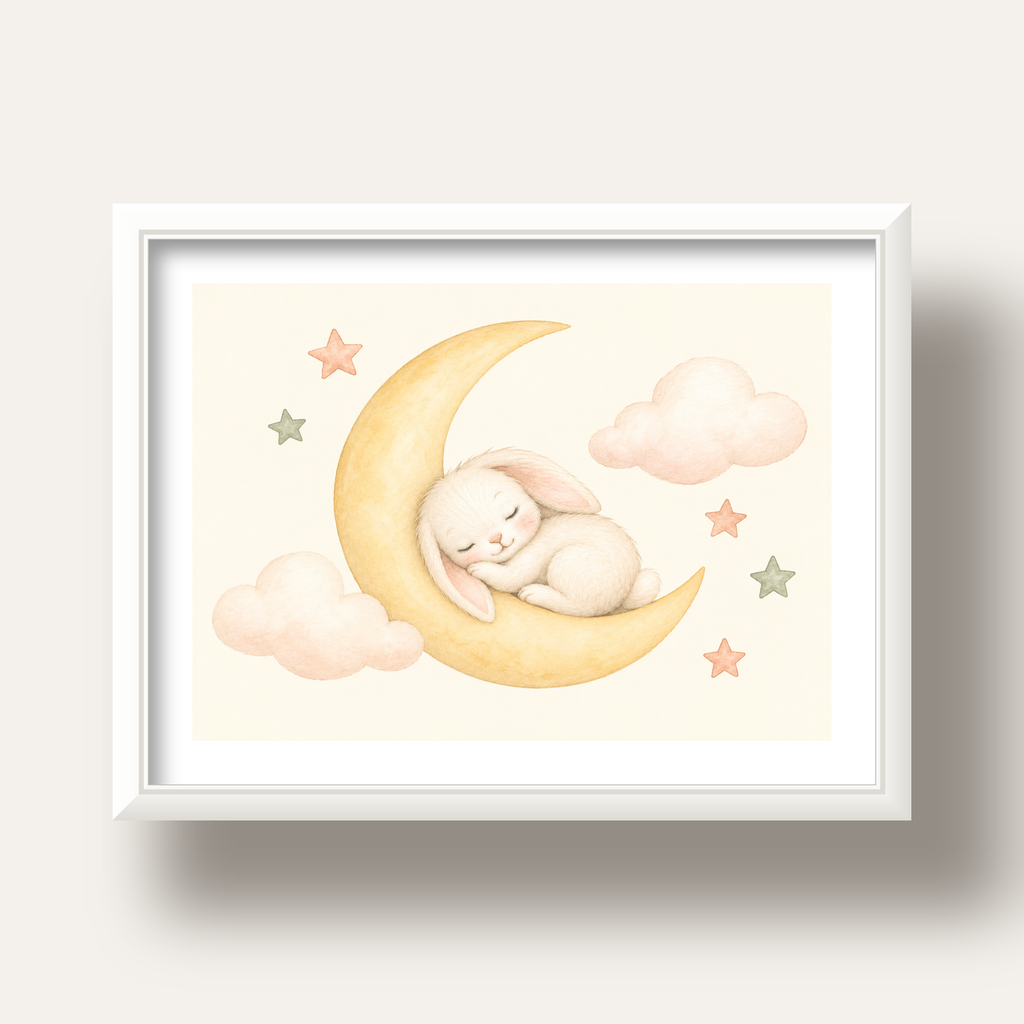 Uyuyan Tavşan ve Hilal Ay Suluboya Poster – Pastel Bebek Odası — beyaz derin çerçeveli paspartulu