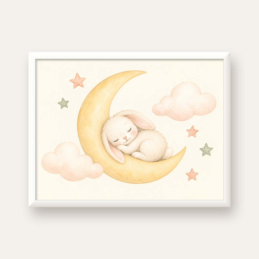 Uyuyan Tavşan ve Hilal Ay Suluboya Poster – Pastel Bebek Odası — beyaz çerçeveli yatay poster