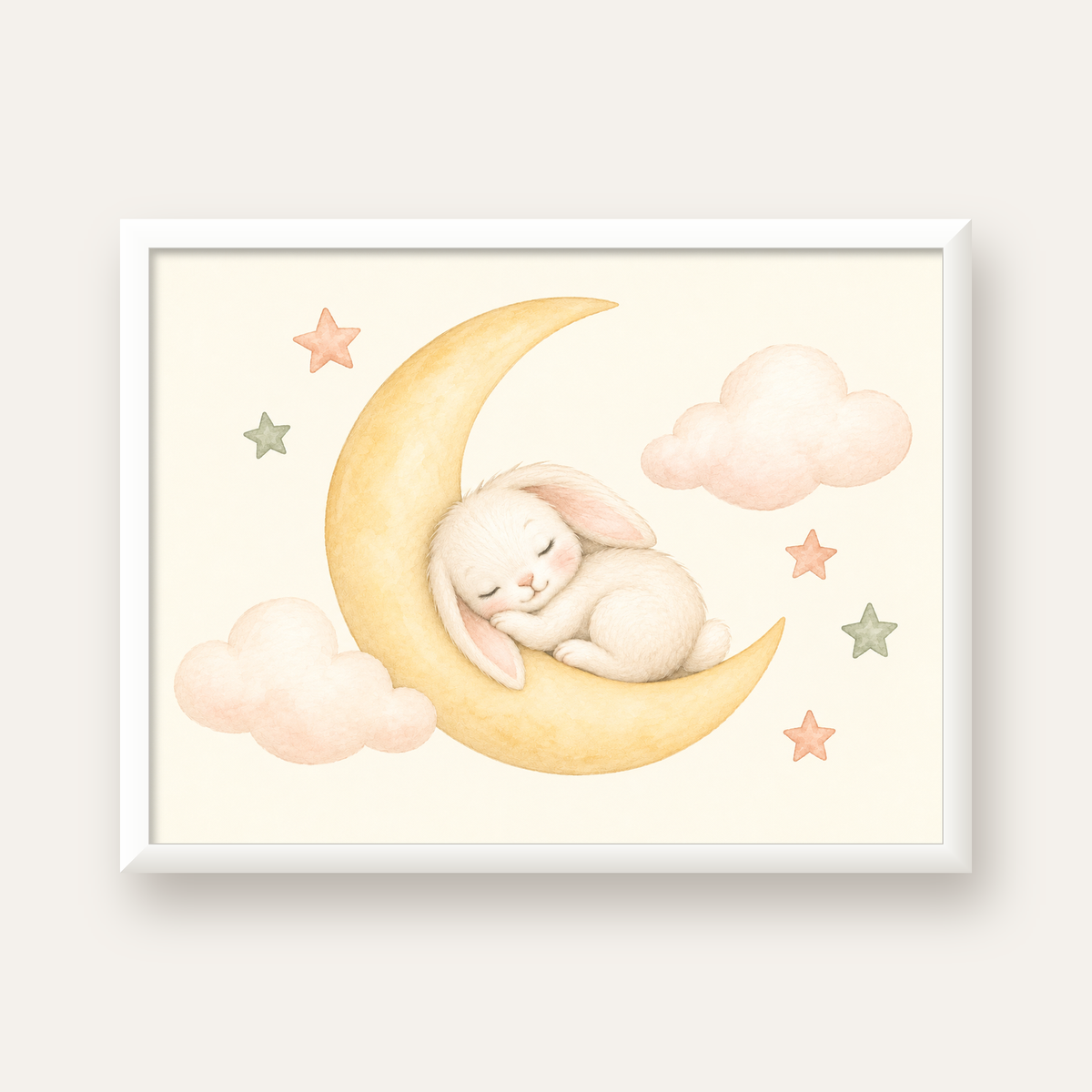 Uyuyan Tavşan ve Hilal Ay Suluboya Poster – Pastel Bebek Odası — beyaz çerçeveli yatay poster