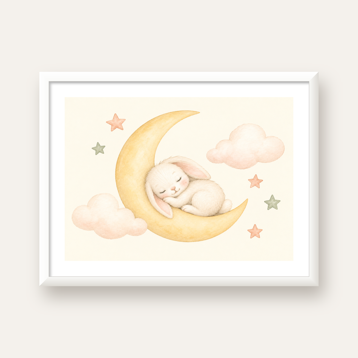 Uyuyan Tavşan ve Hilal Ay Suluboya Poster – Pastel Bebek Odası — beyaz çerçeveli yatay poster