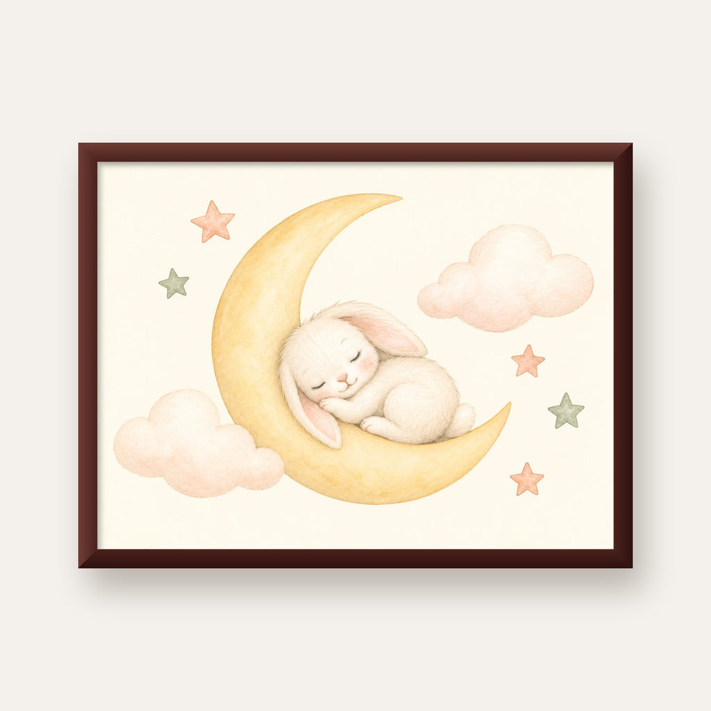Uyuyan Tavşan ve Hilal Ay Suluboya Poster – Pastel Bebek Odası — ceviz çerçeveli