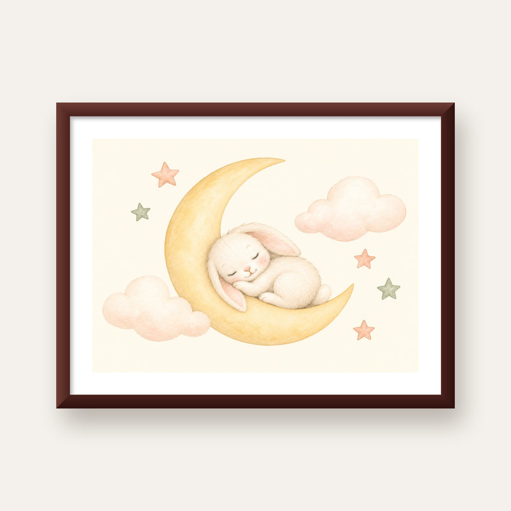 Uyuyan Tavşan ve Hilal Ay Suluboya Poster – Pastel Bebek Odası — ceviz çerçeveli paspartulu